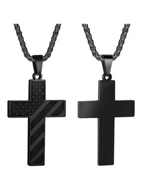 BLACK American Flag Cross Necklace Men Stainless Steel Box Chain 22+2 inch NWT